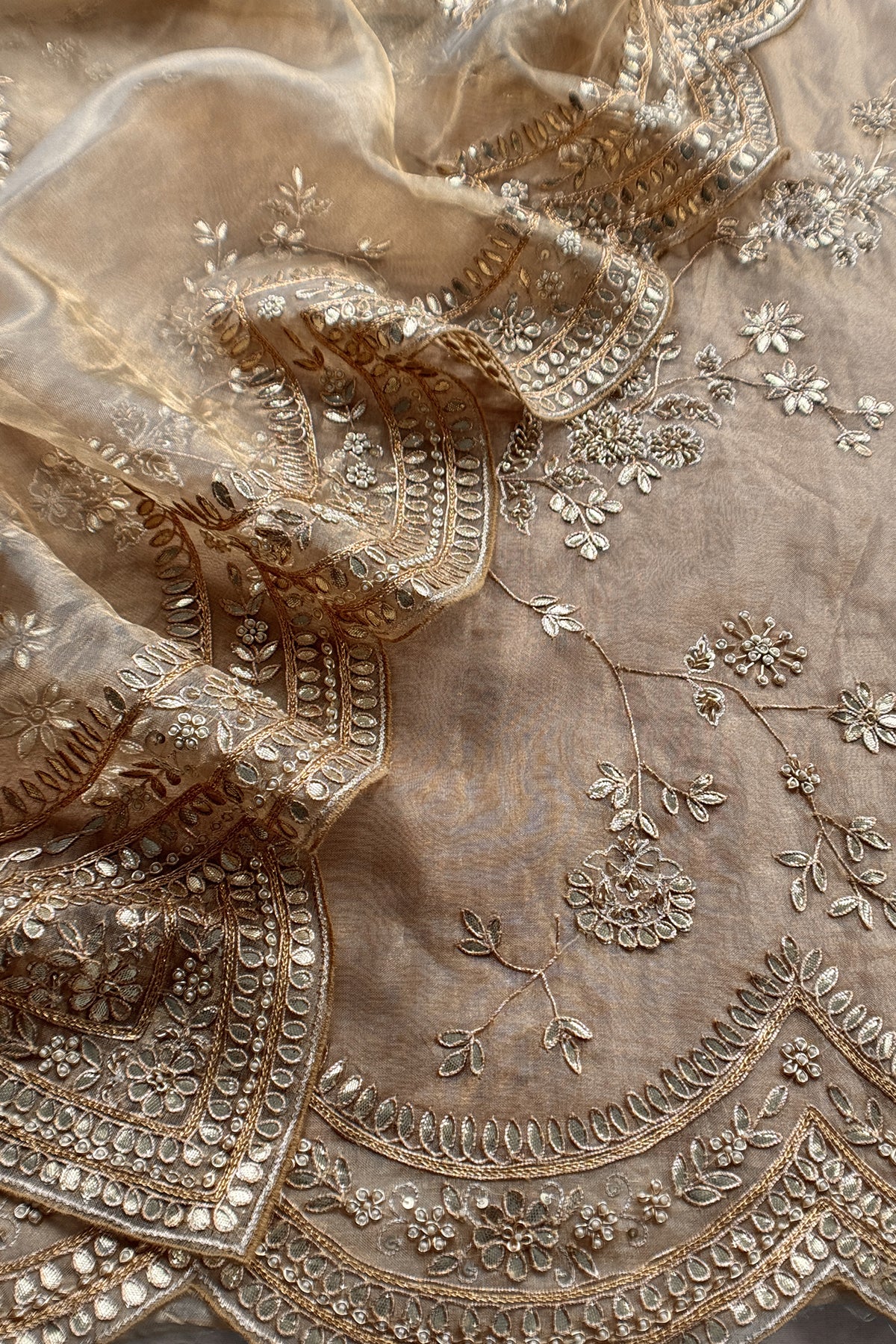 Beige Pure Tissue Silk Suit With Gota Pitta Handwork