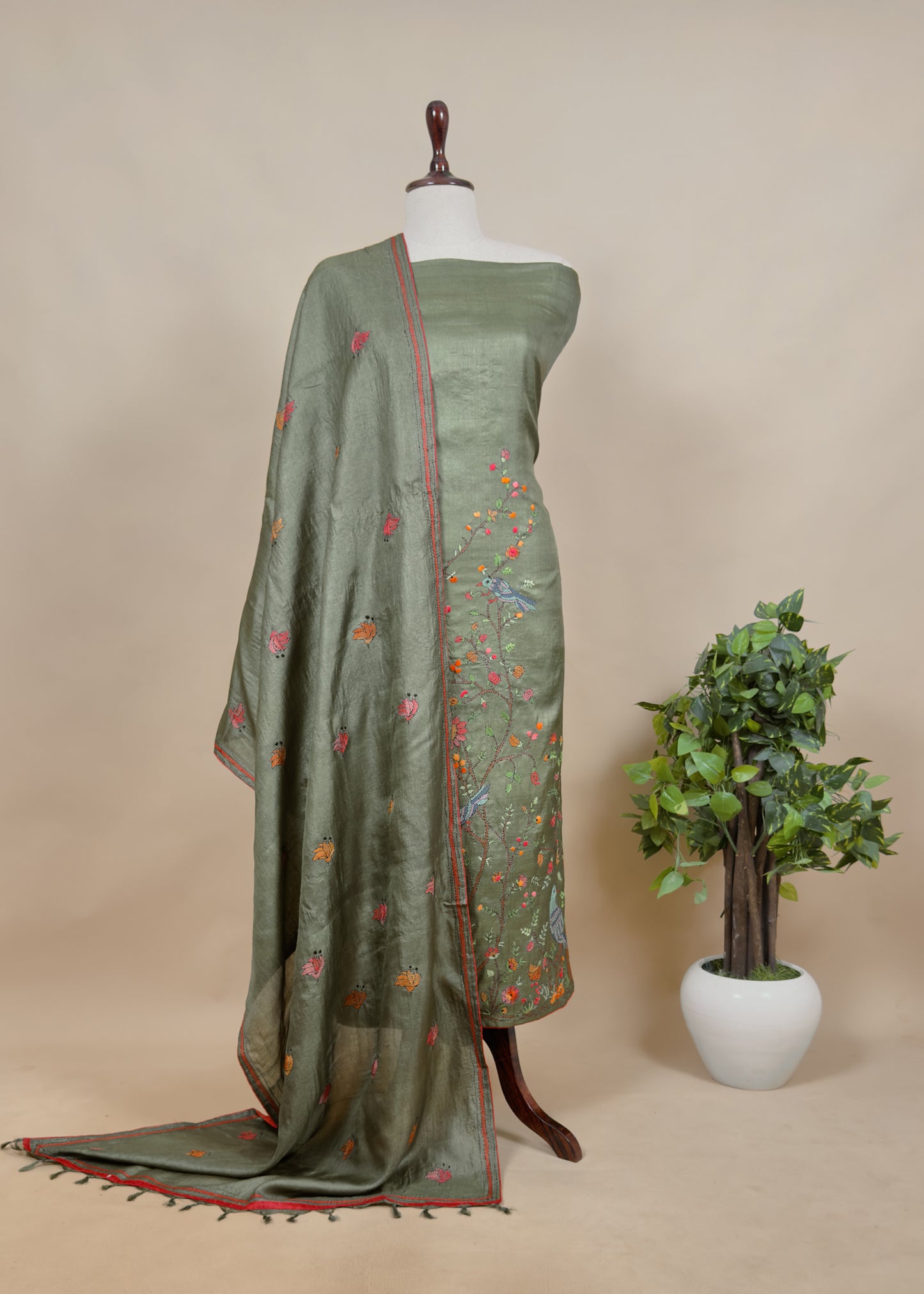 Black Kantha Embroidered Unstitched Suit In Handloom Tussar Silk