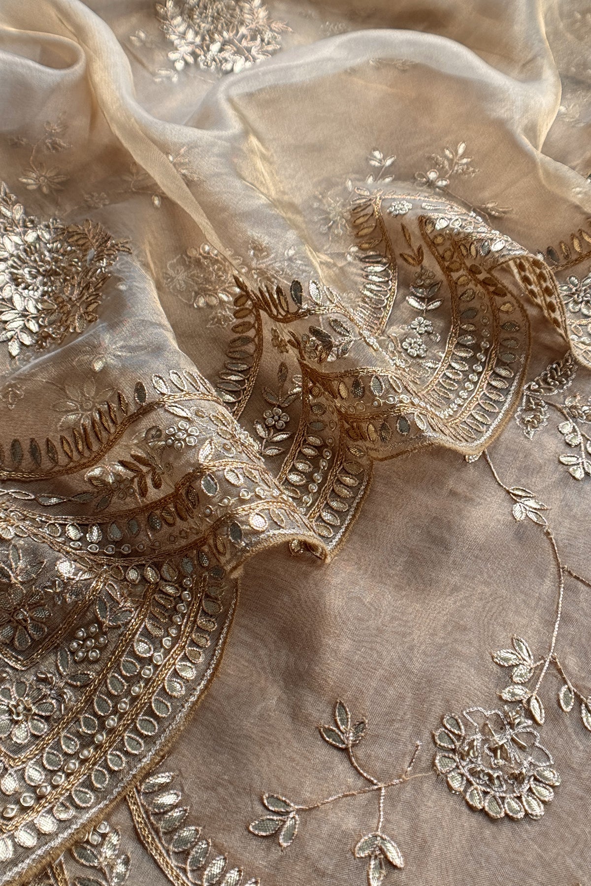 Beige Pure Tissue Silk Suit With Gota Pitta Handwork