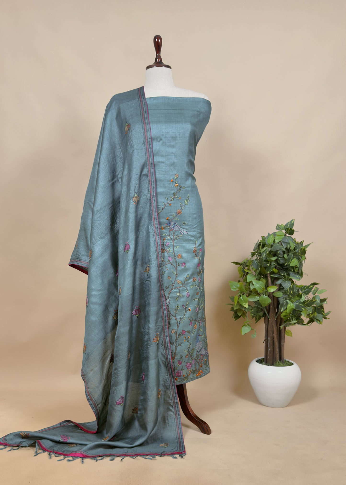 Steel Blue Kantha Embroidered Unstitched Suit In Handloom Tussar Silk