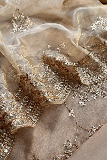 Beige Pure Tissue Silk Suit With Gota Pitta Handwork