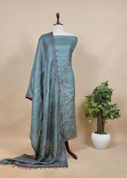 Indigo Purple Kantha Embroidered Unstitched Suit In Handloom Tussar Silk