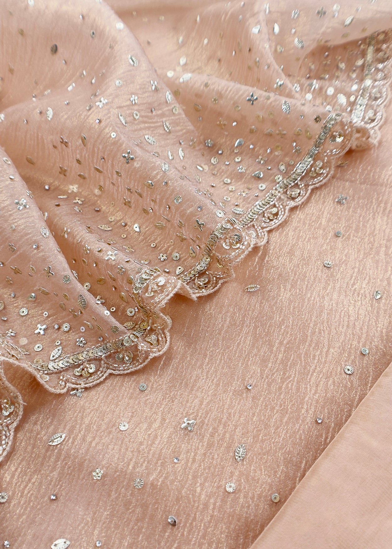 Pink Pure Crushed Tissue Silk Suit Fabric With Mukaish And Hand Work