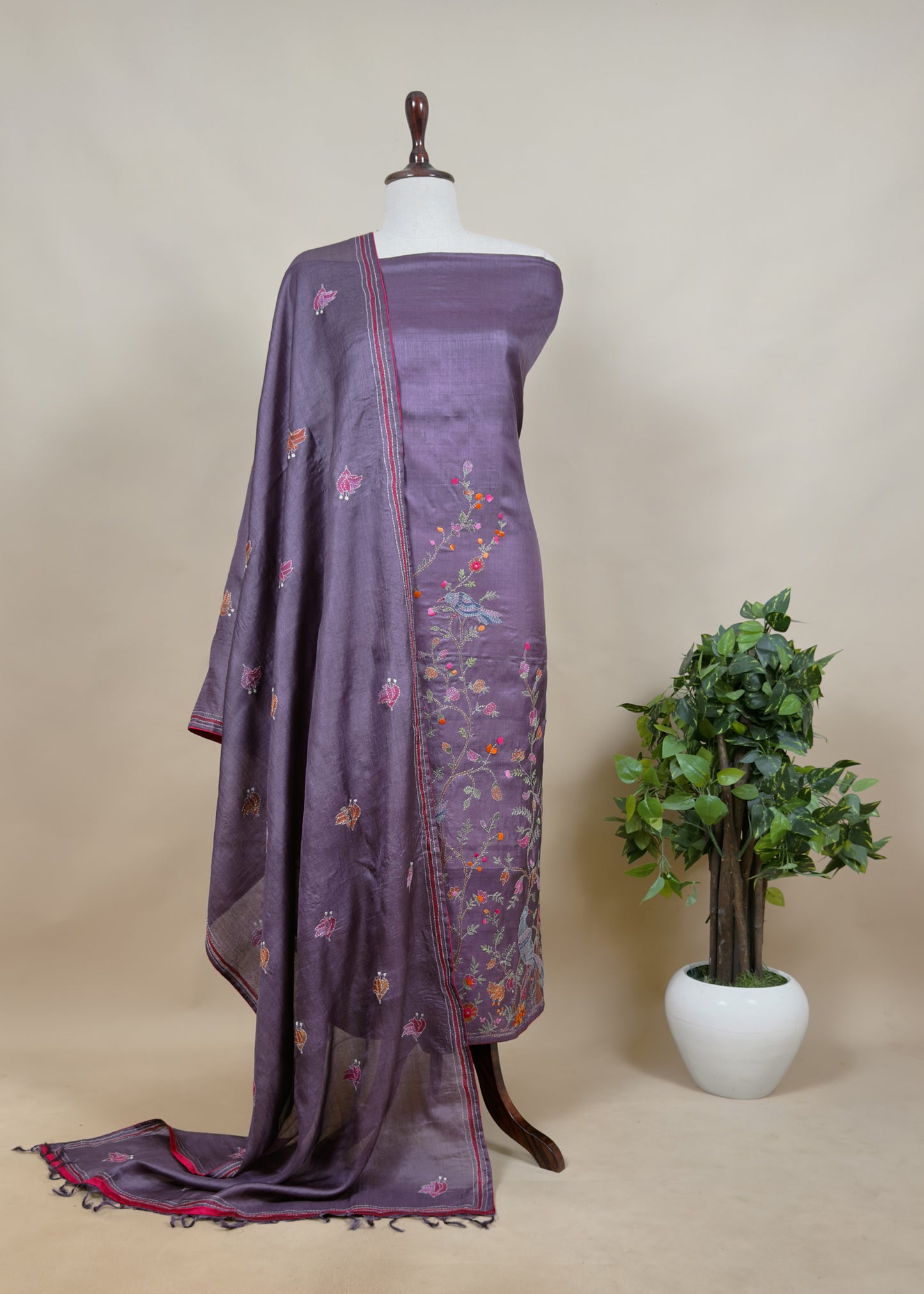 Black Kantha Embroidered Unstitched Suit In Handloom Tussar Silk