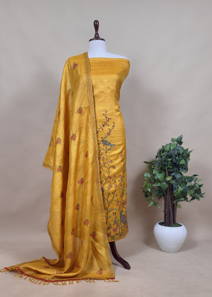 Steel Blue Kantha Embroidered Unstitched Suit In Handloom Tussar Silk