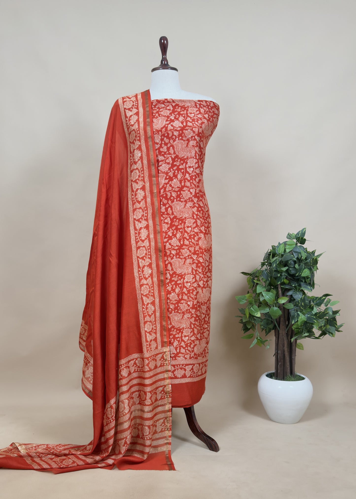 Orange Pure Maheshwari Unstitched Suit Vertical Print Dupatta