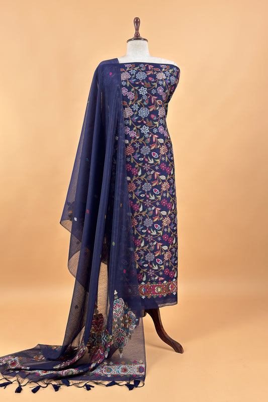 Dark Blue Linen Chanderi Suit With Jamdani Weaving