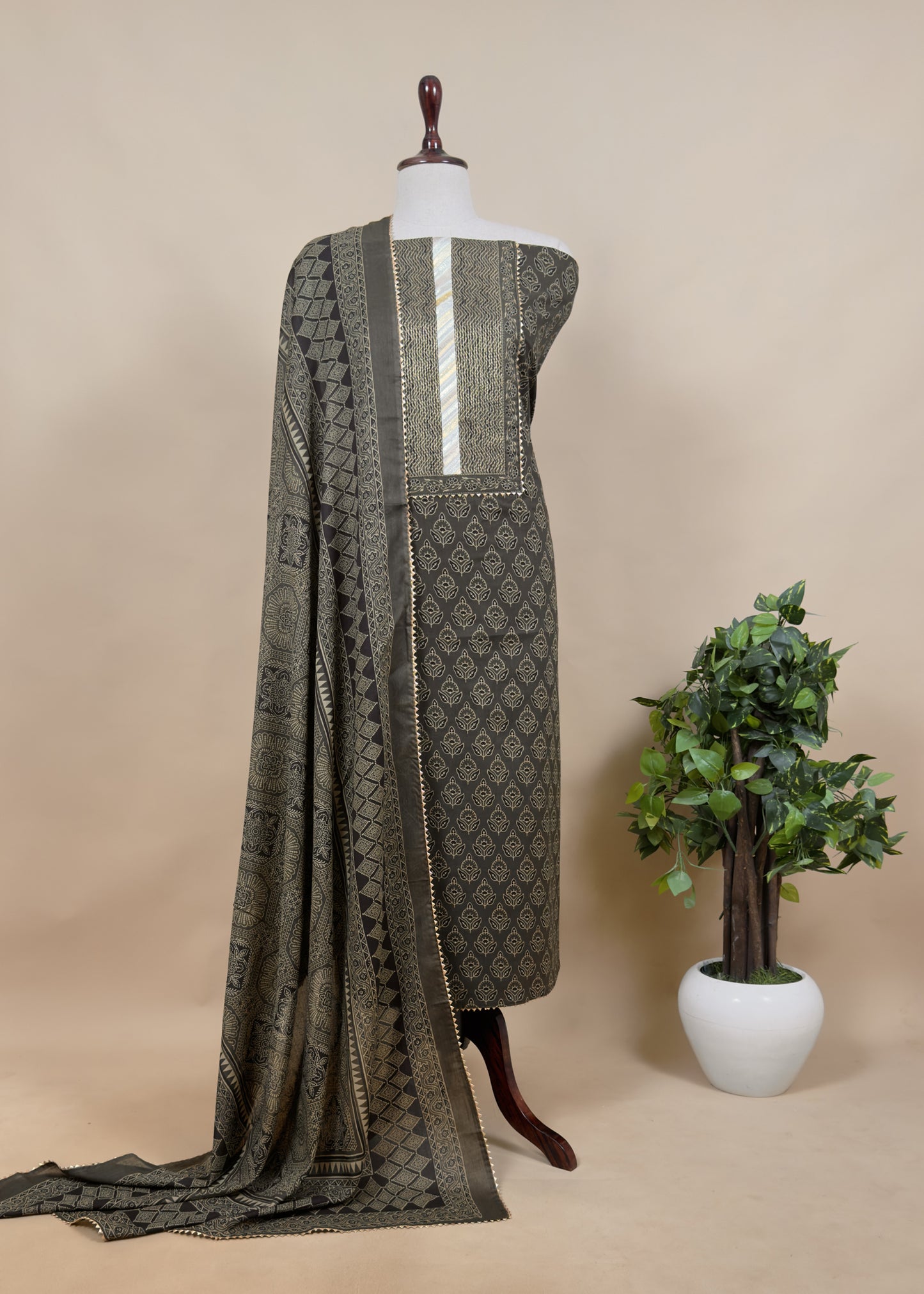 Brown Pure Cotton Suit In Ajrakh Print