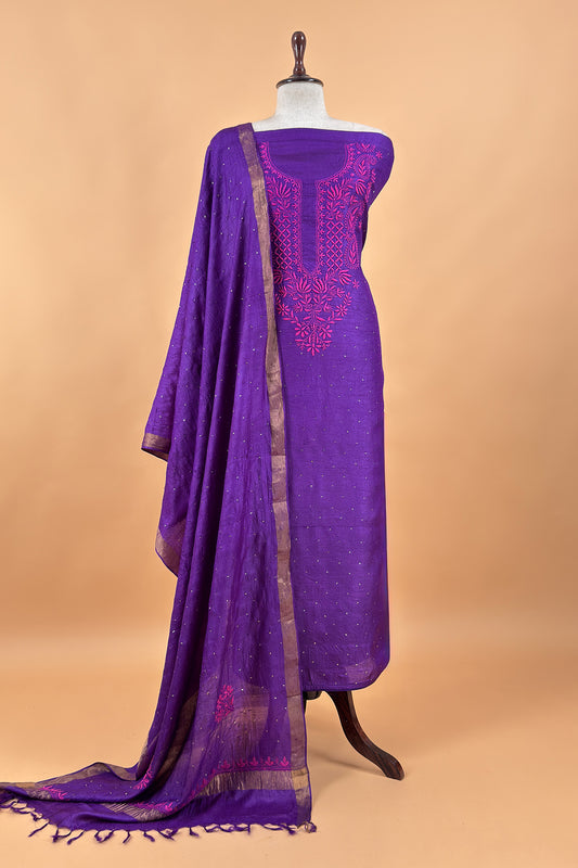 Violet Desi Tussar Suit With Handloom Lakhnavi Embroidery