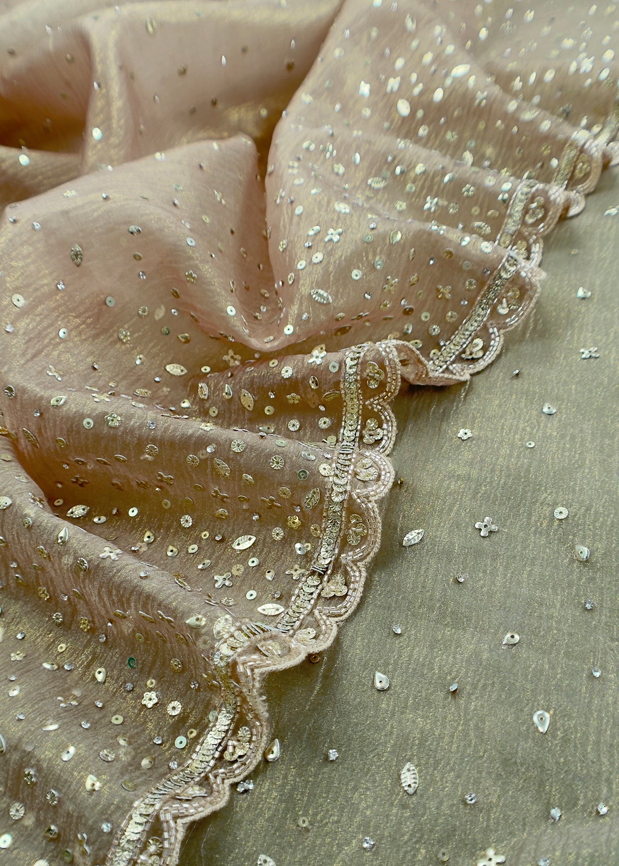 Green Pure Crushed Tissue Silk Suit Fabric With Mukaish And Hand Work