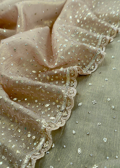 Green Pure Crushed Tissue Silk Suit Fabric With Mukaish And Hand Work