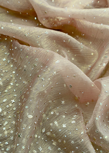 Green Pure Crushed Tissue Silk Suit Fabric With Mukaish And Hand Work