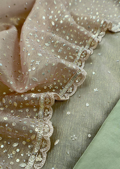 Green Pure Crushed Tissue Silk Suit Fabric With Mukaish And Hand Work