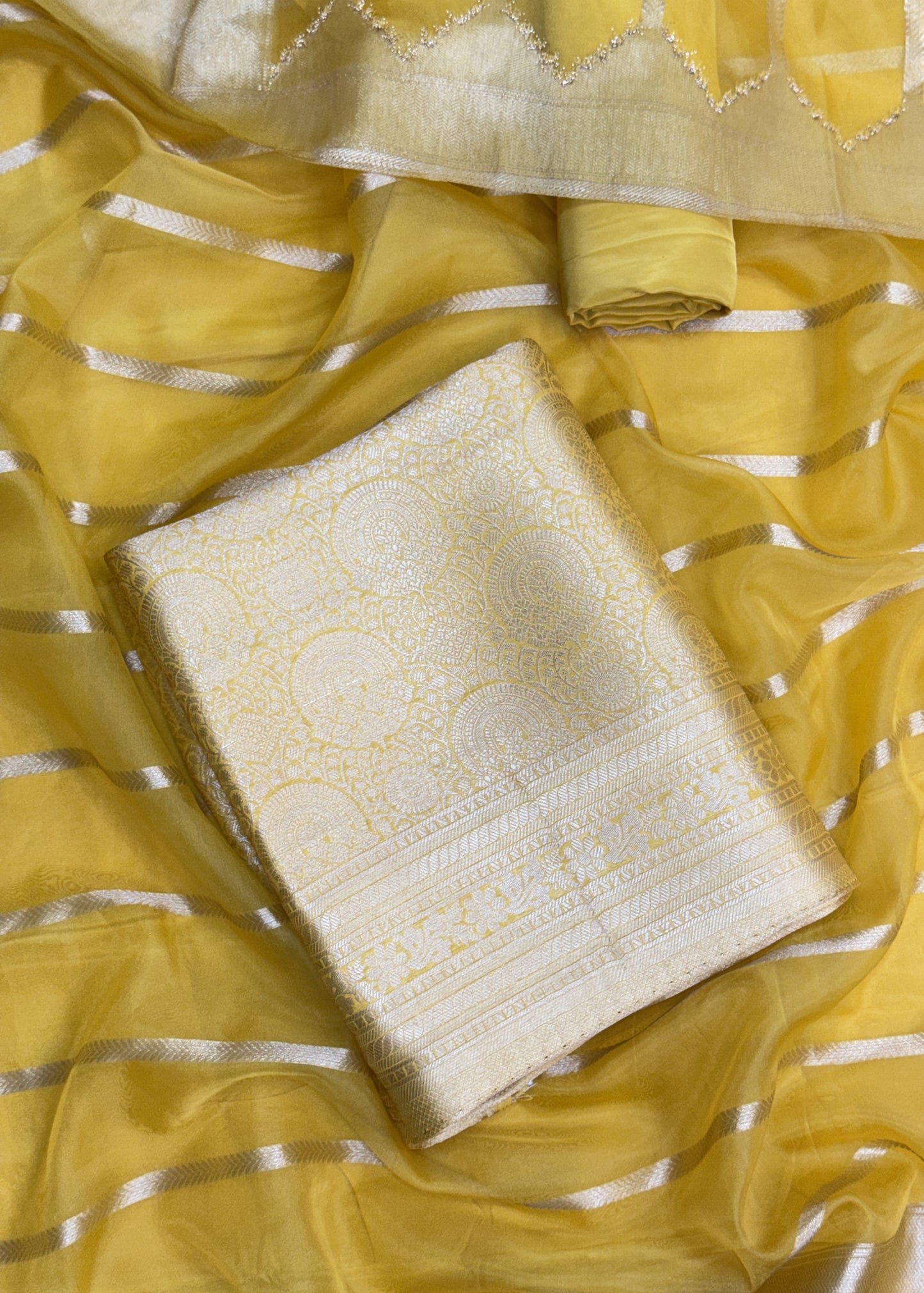 Yellow Banarasi Silk Brocade Suit With Organza Dupatta