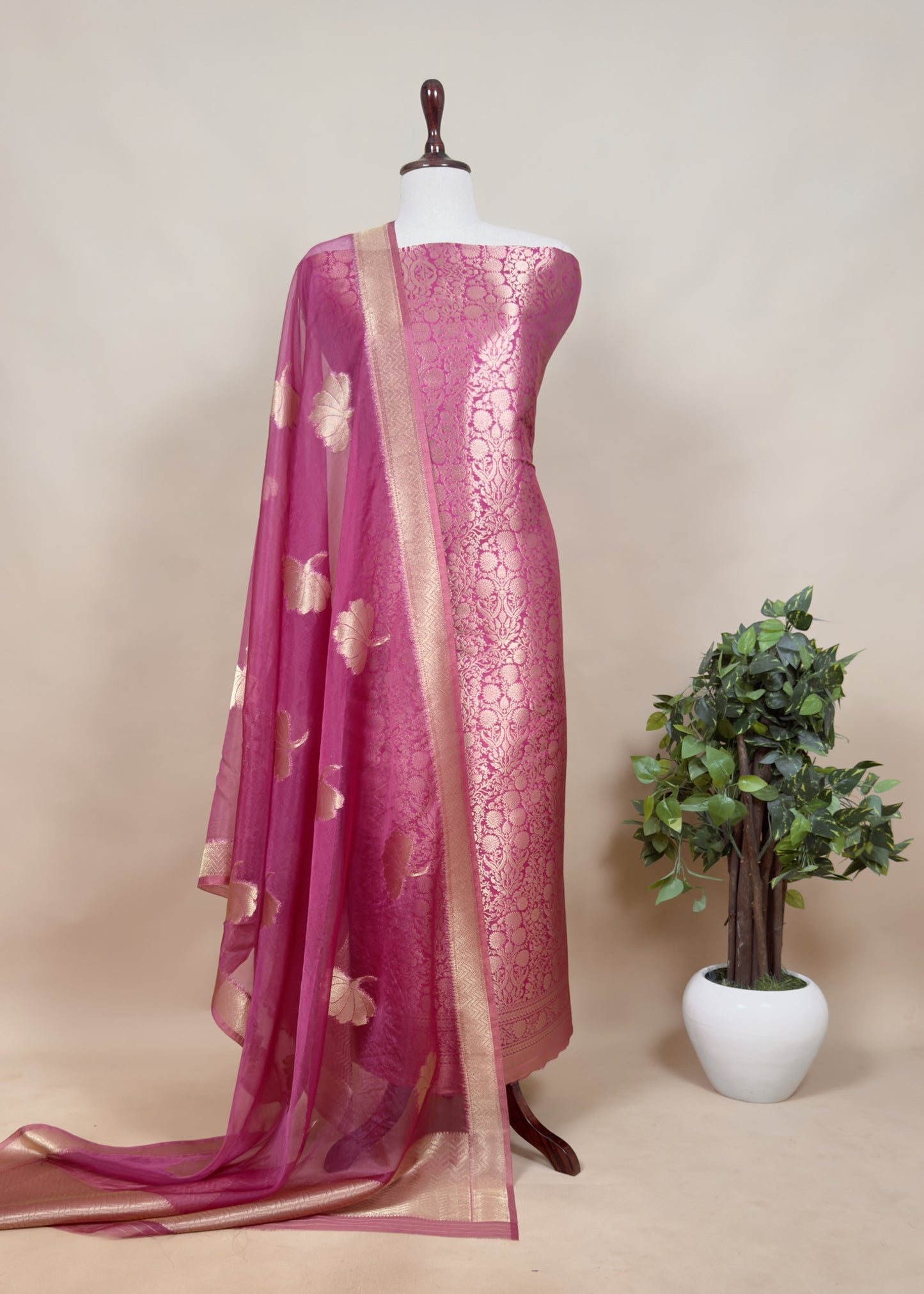 Purple Banarasi Silk Brocade Suit With Organza Dupatta