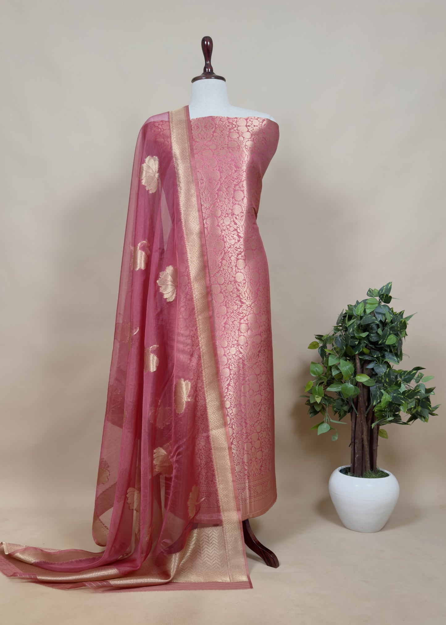 White Banarasi Silk Brocade Suit With Organza Dupatta