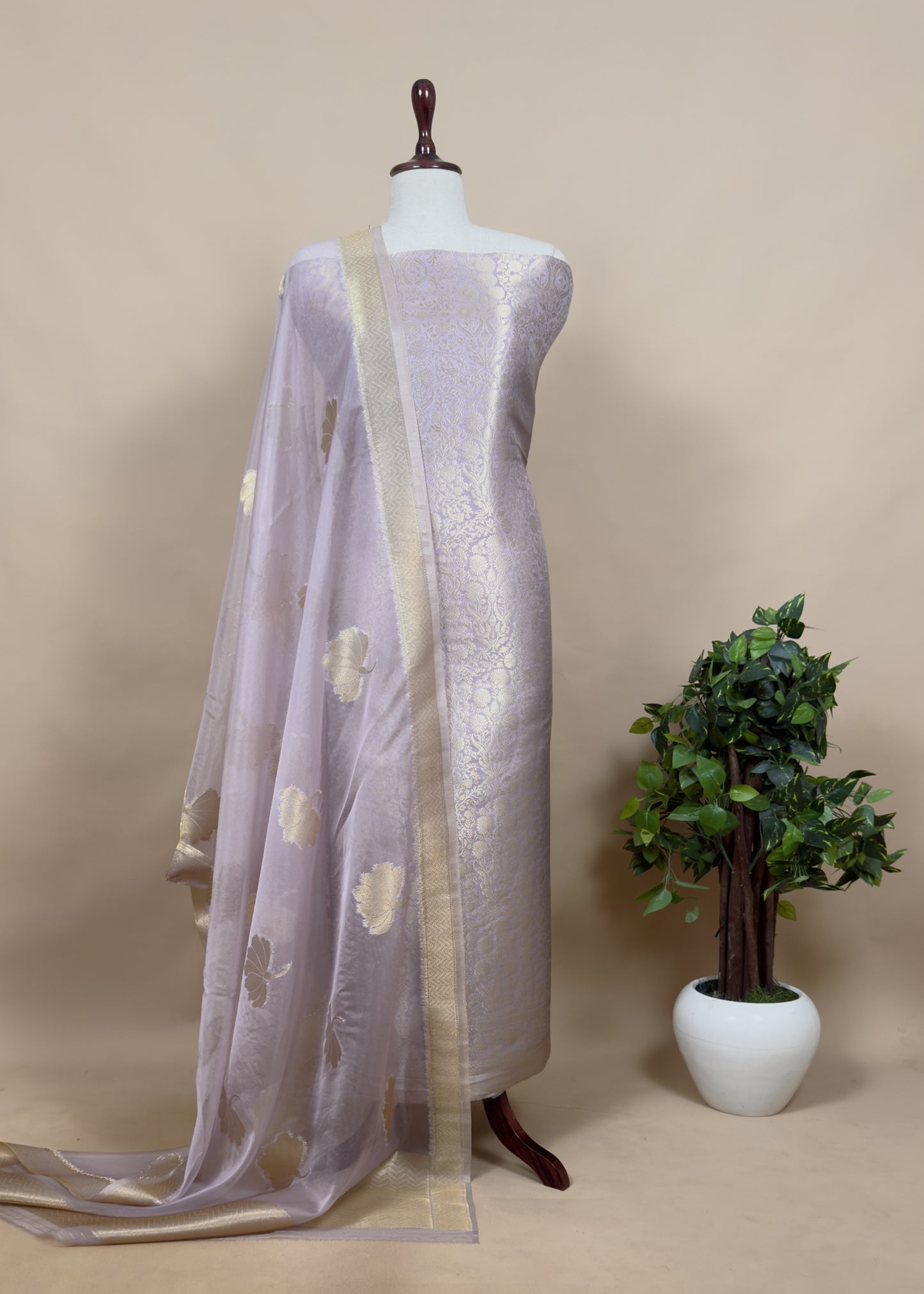 White Banarasi Silk Brocade Suit With Organza Dupatta