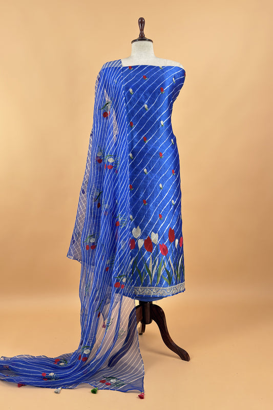 Blue Handloom silk Suit with Floral Embroidered