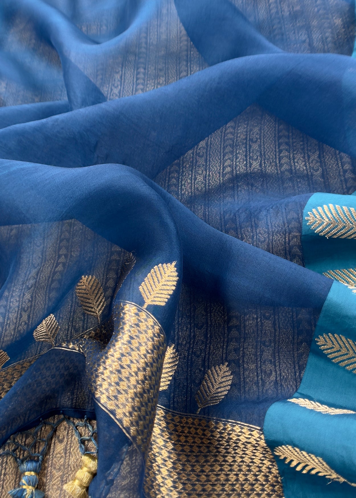 Golden With Blue Tissue Brocade With Kora Silk Dupatta