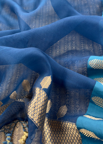 Golden With Blue Tissue Brocade With Kora Silk Dupatta