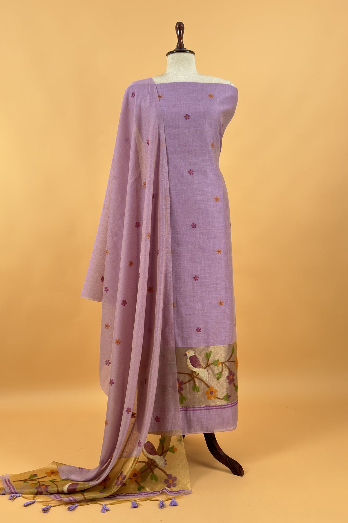 Lavender Chanderi Suit Fabric With Chidiya Tissue Panel And Jamdani Weaving.