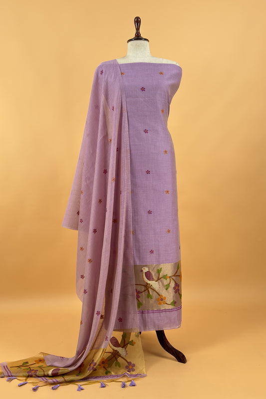 Lavender Chanderi Suit Fabric With Chidiya Tissue Panel And Jamdani Weaving.