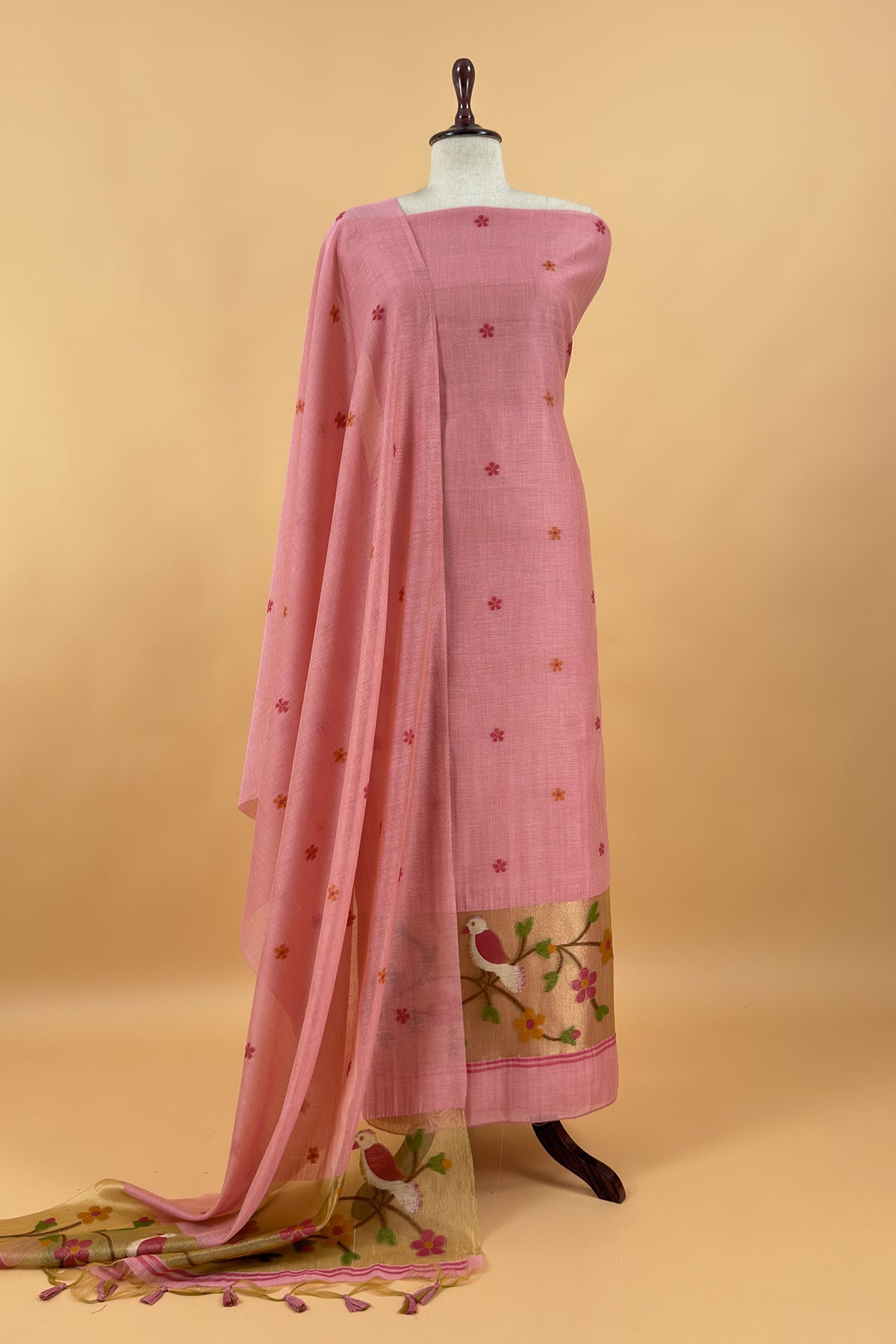 Pink Linen Chanderi Suit Fabric with Chidiya Tissue Panel And Jamdani Weaving