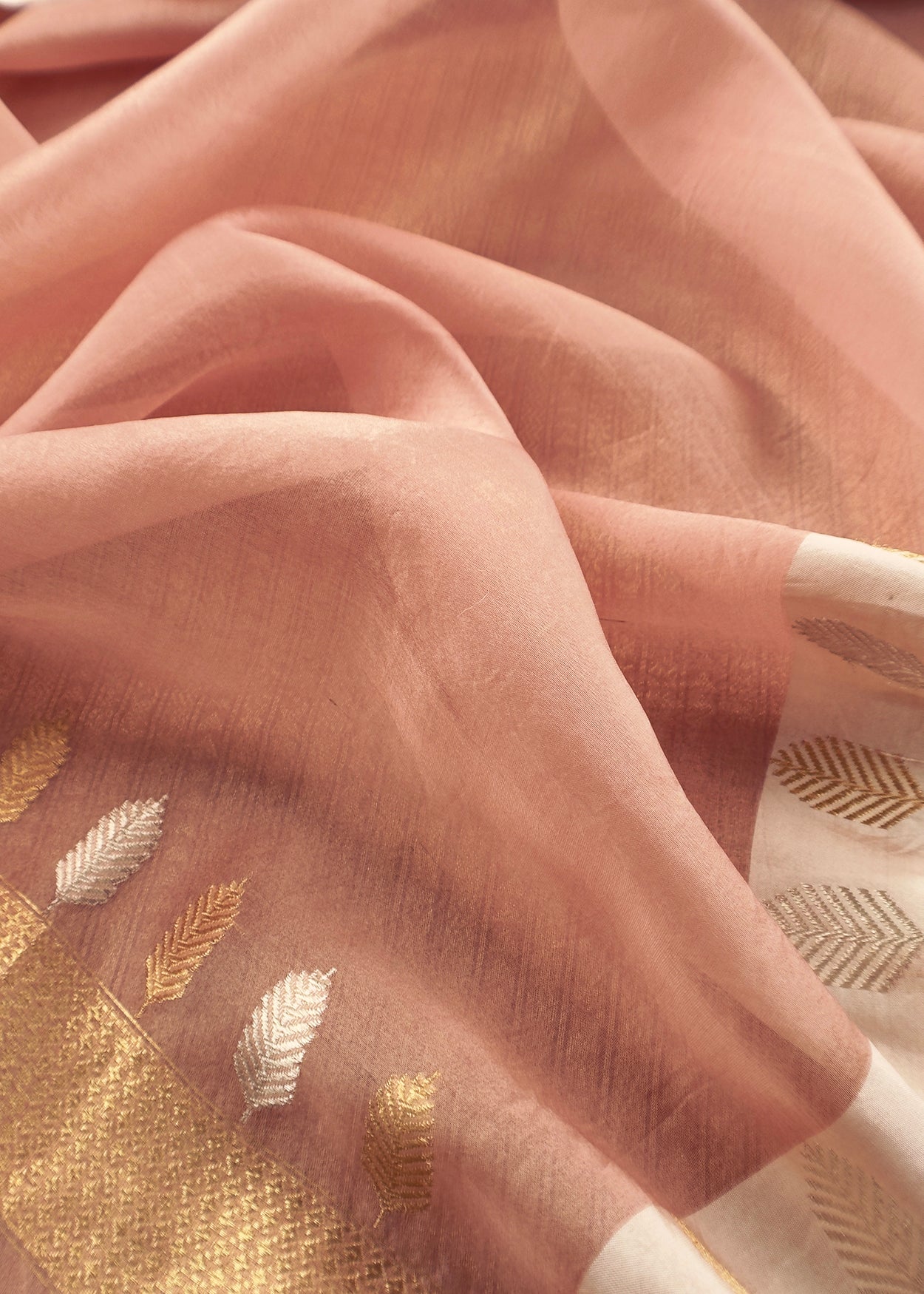 Golden With Peach Tissue Brocade With Kora Silk Dupatta