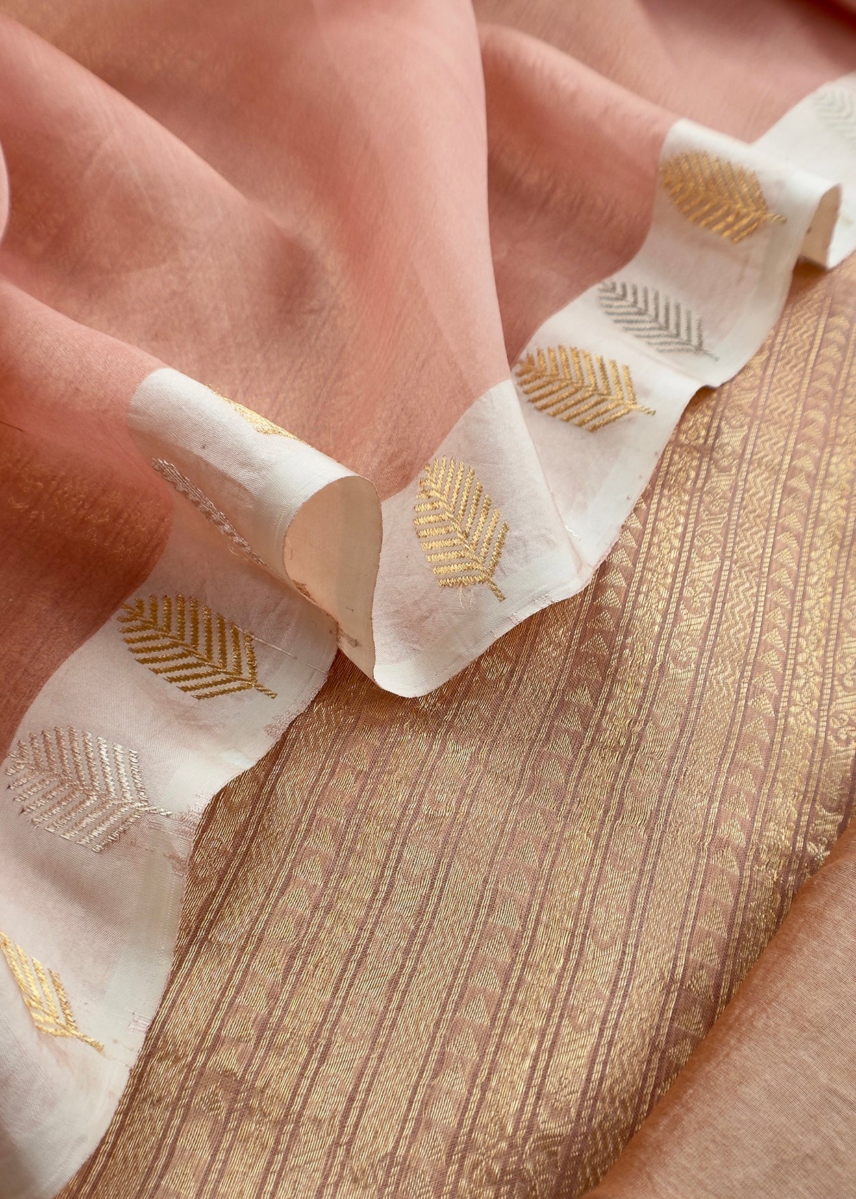 Golden With Peach Tissue Brocade With Kora Silk Dupatta