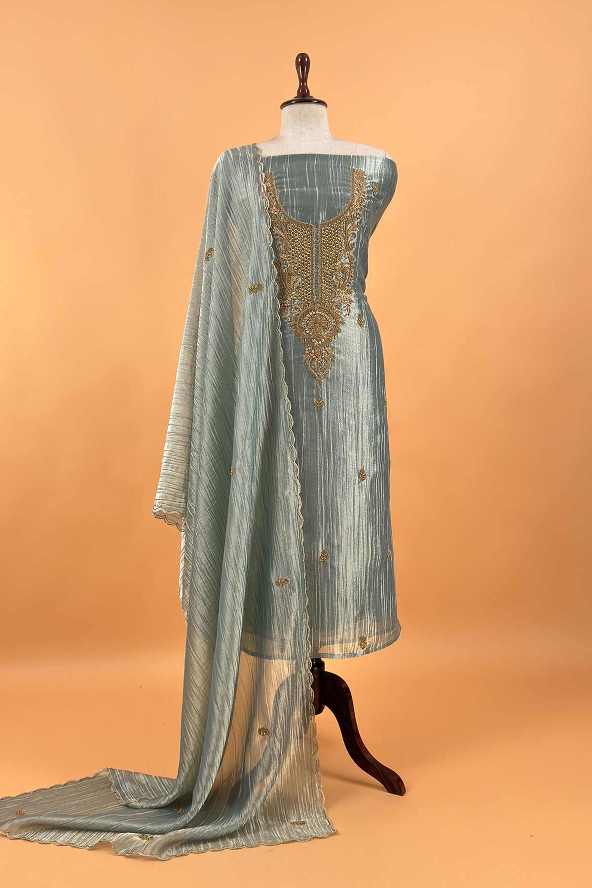 Pastel Blue Crush Tissue Silk Suit With Dupatta And Gota Patti Handwork