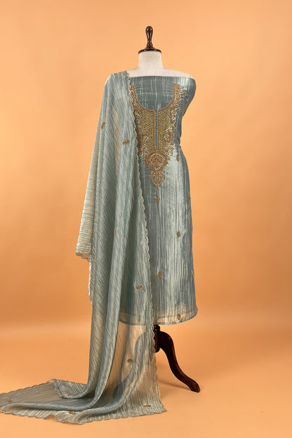 Pastel Blue Crush Tissue Silk Suit With Dupatta And Gota Patti Handwork