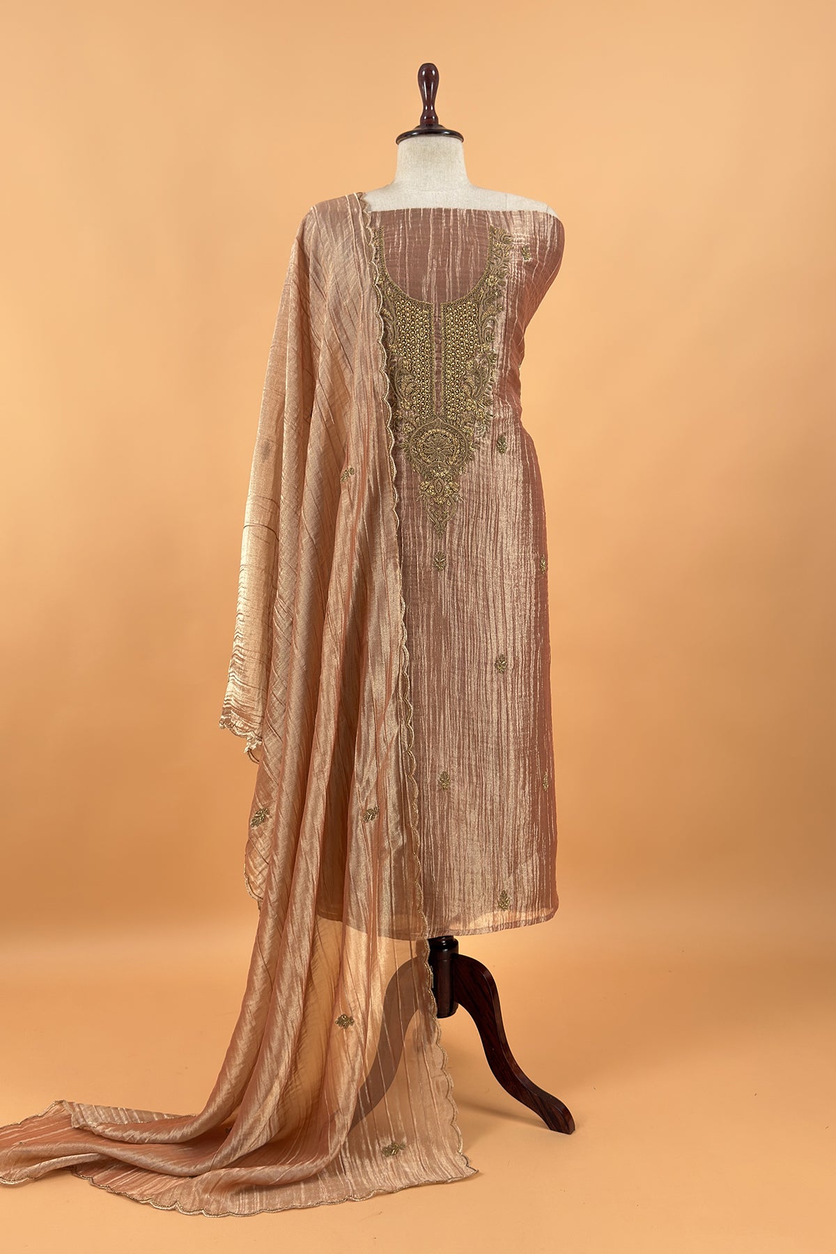 Pastel Peach Crush Tissue Silk Suit With Dupatta And Gota Patti Handwork