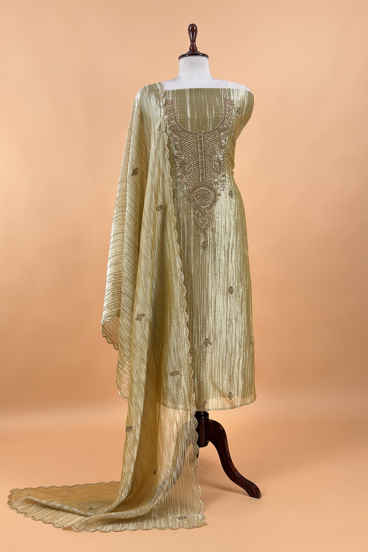 Light Yellow Crush Tissue Silk Suit With Dupatta And Gota Patti Handwork