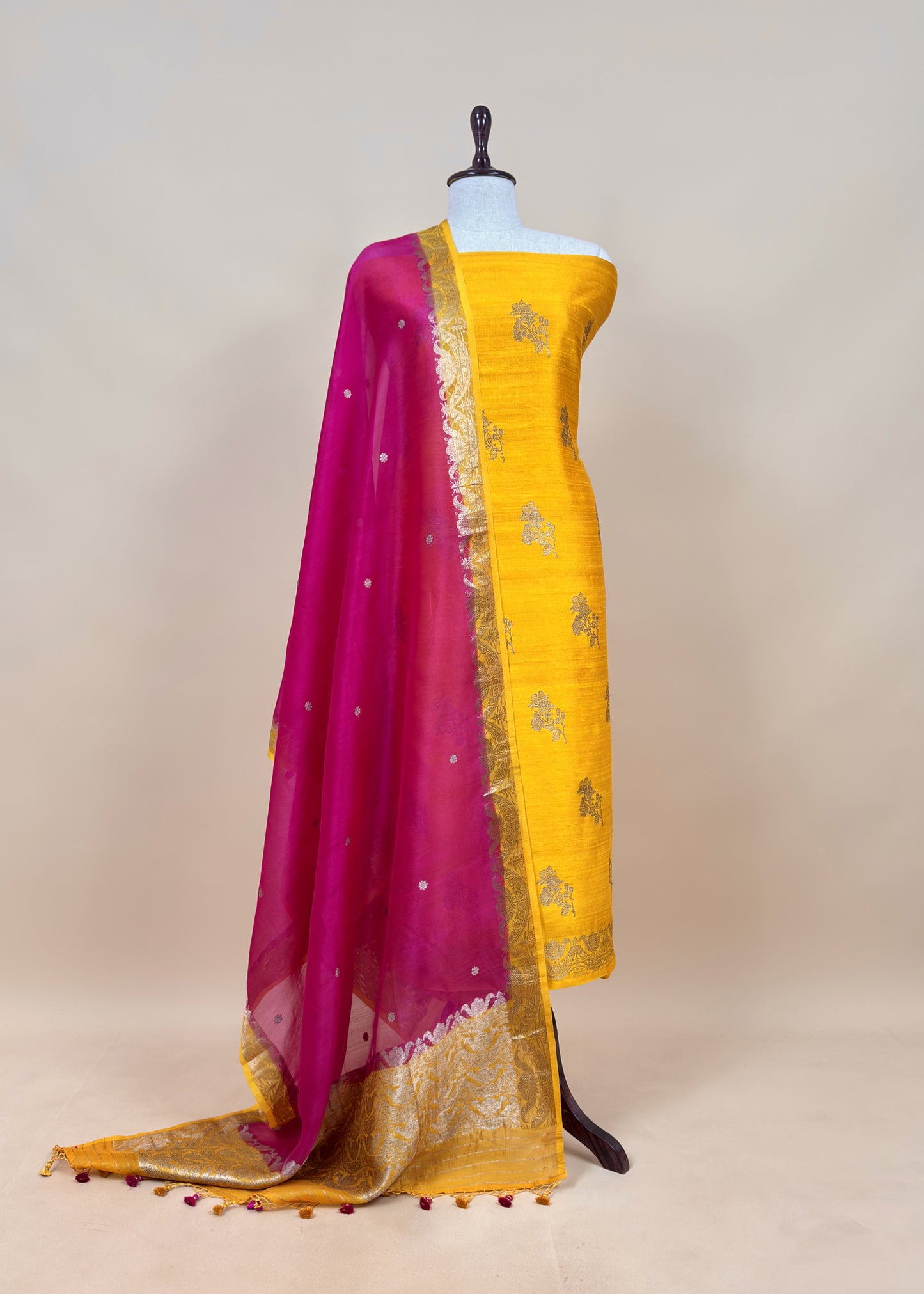 Yellow and Pink Handloom Raw Silk Suit With Kora Silk Dupatta