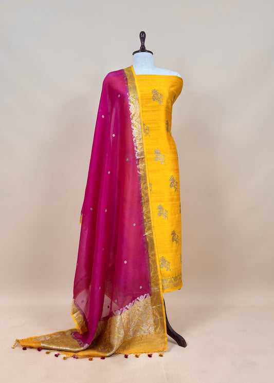 Yellow and Pink Handloom Raw Silk Suit With Kora Silk Dupatta