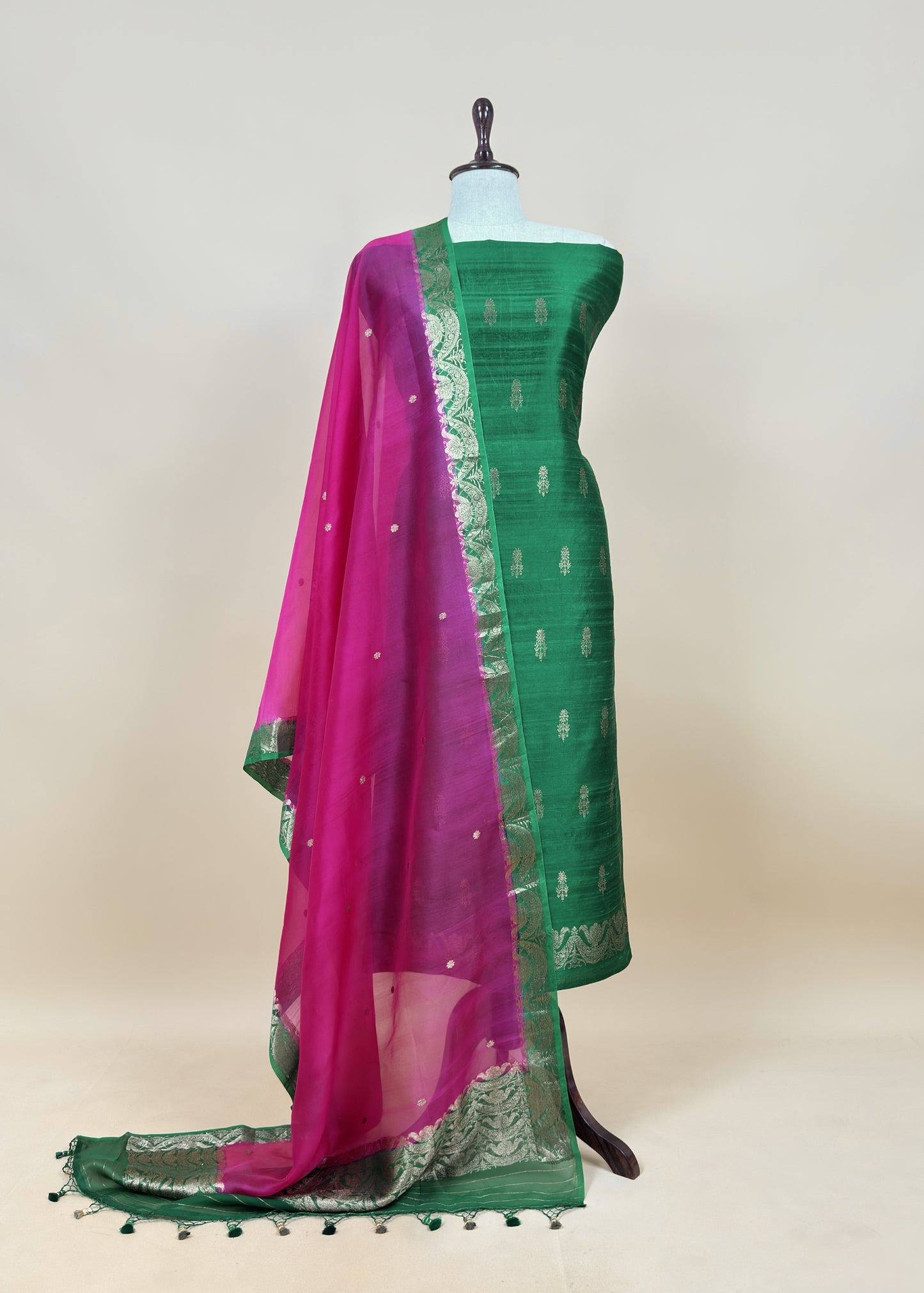 Green and Pink Handloom Raw Silk Suit With Kora Silk Dupatta
