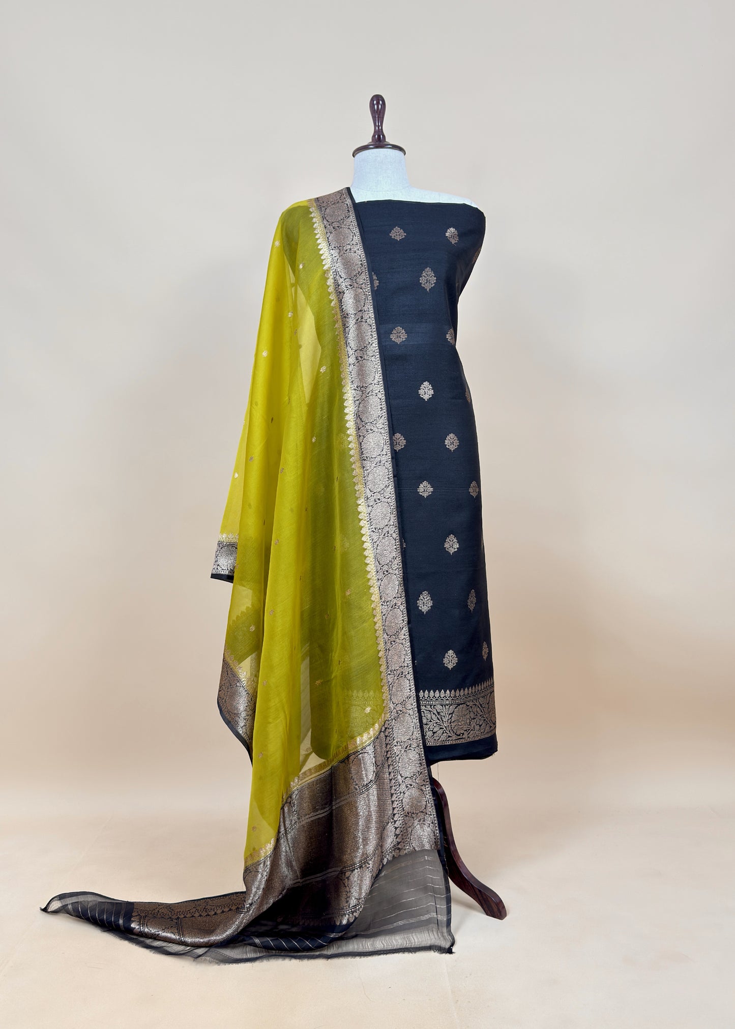 Black and Green Handloom Raw Silk Suit With Kora Silk Dupatta