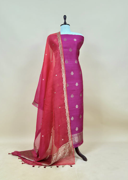 Pink And Red Handloom Raw Silk Suit With Kora Silk Dupatta