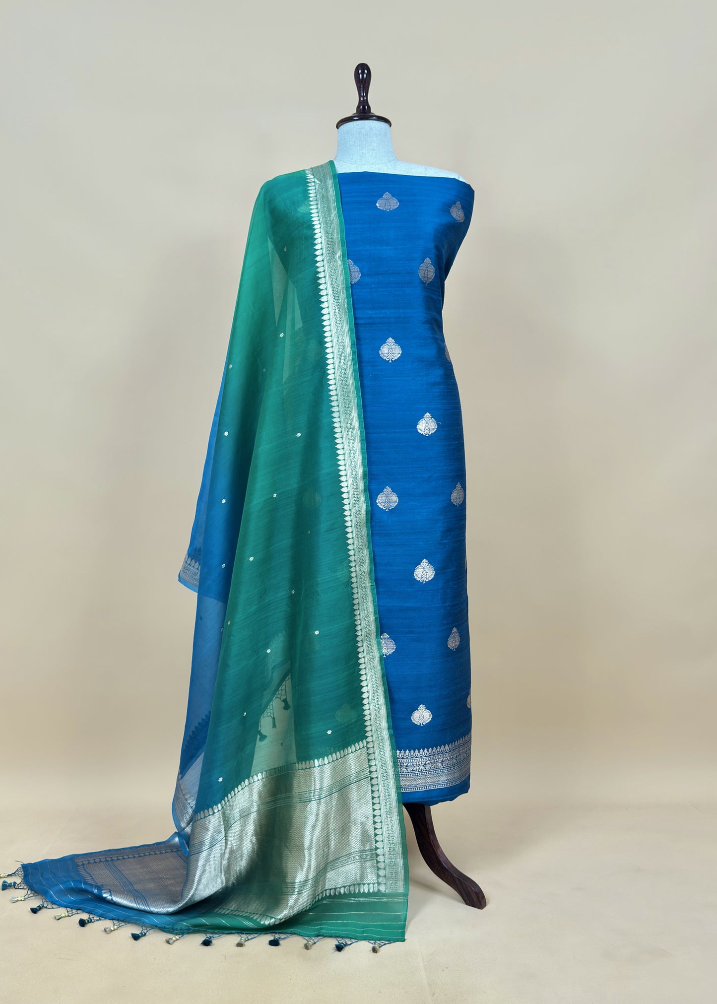 Green and Pink Handloom Raw Silk Suit With Kora Silk Dupatta