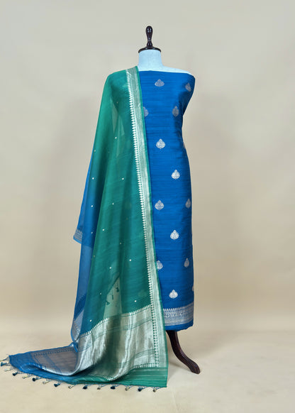Blue And Green Handloom Raw Silk Suit With Kora Silk Dupatta