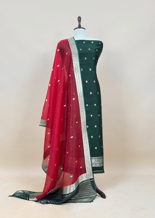 Green and Red Handloom Raw Silk Kurta and Kora Silk Dupatta with Gold Kadwa Weaving