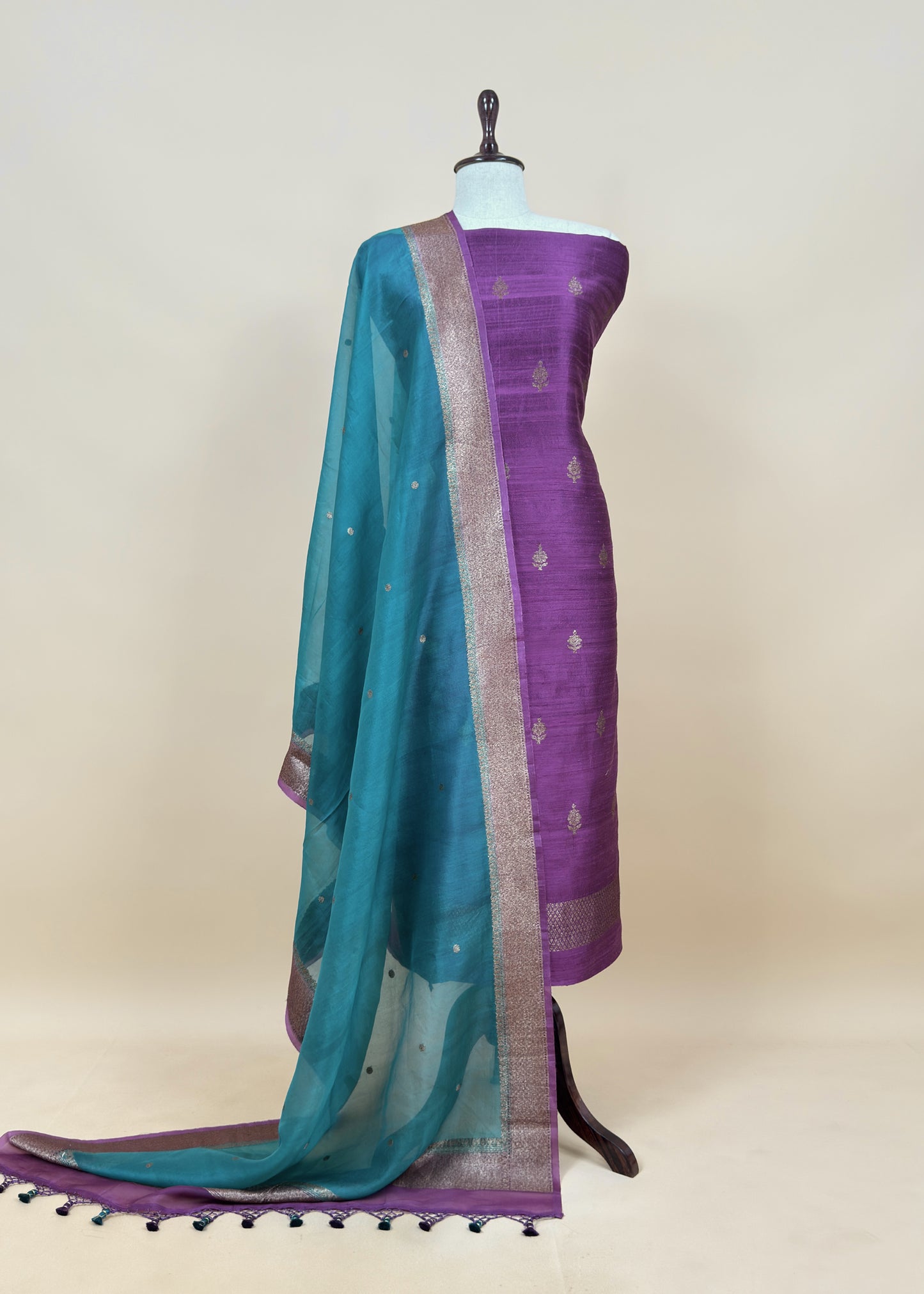 Purple And Blue Handloom Raw Silk Kurta And Kora Silk Dupatta With Gold Kadwa Weaving