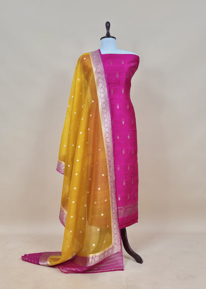 Pink And Yellow Handloom Raw Silk Suit With Kora Silk Dupatta
