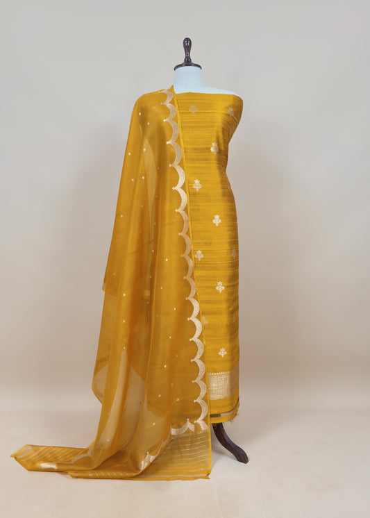 Yellow Handloom Raw Silk Suit With Kora Silk Dupatta