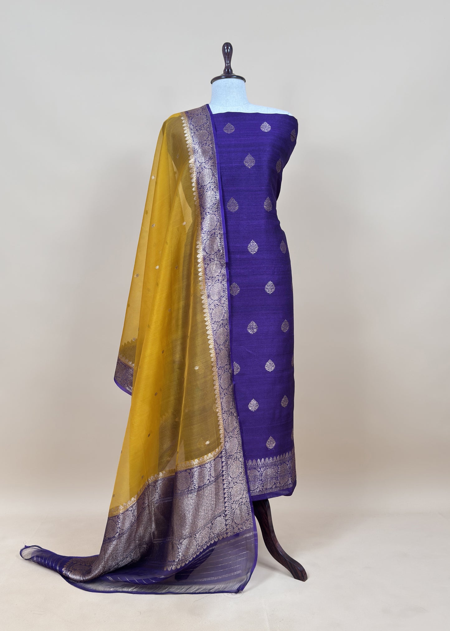 Purple and Yellow Handloom Raw Silk Suit With Kora Silk Dupatta