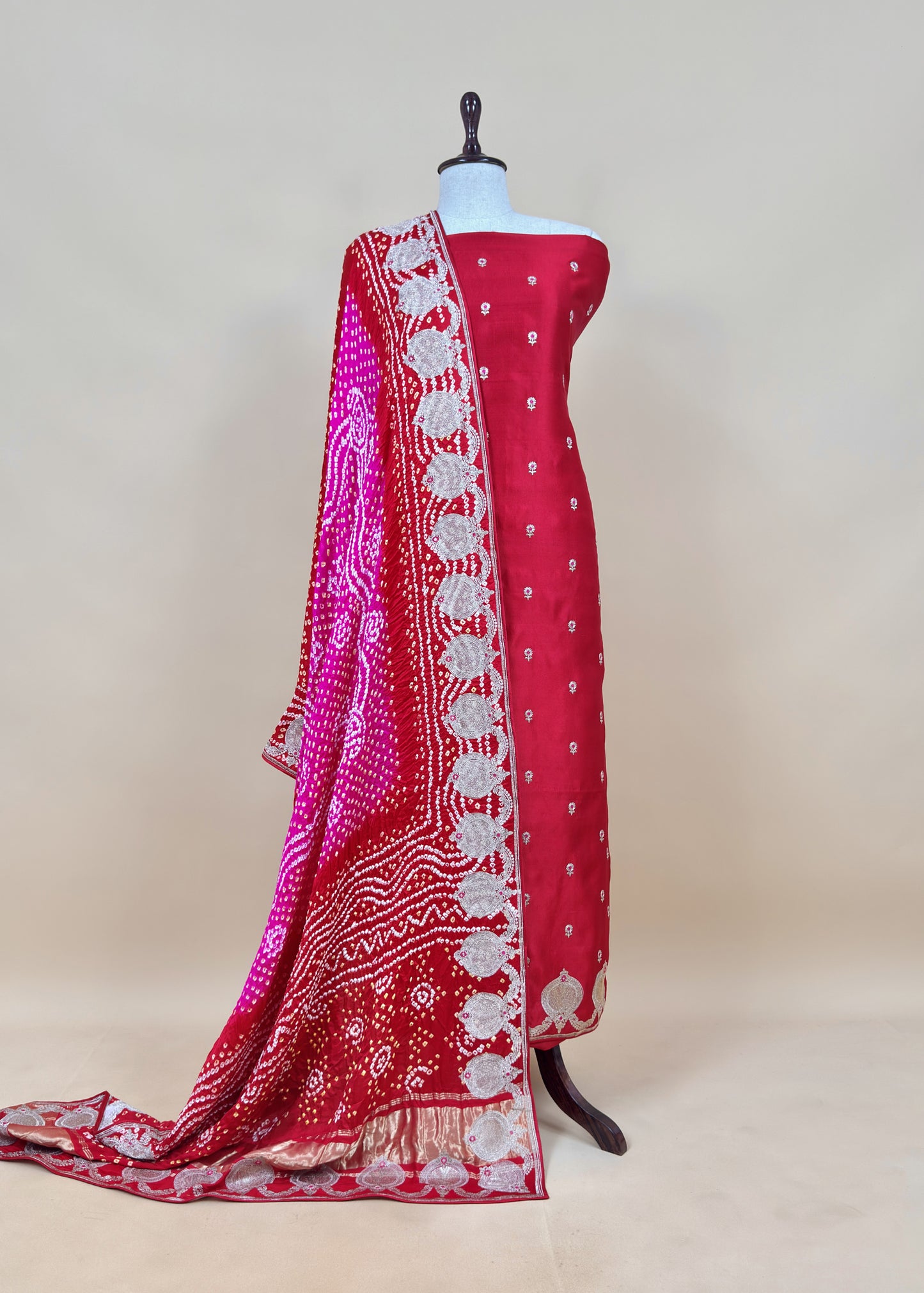 Red Bride and Baraat Red Handloom Silk Kurta and Bandhani Gajji Silk dupatta with Embroidery