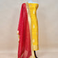 Yellow And Red Handloom Raw Silk Kurta And Kora Silk Dupatta With Gold Kadwa Weaving