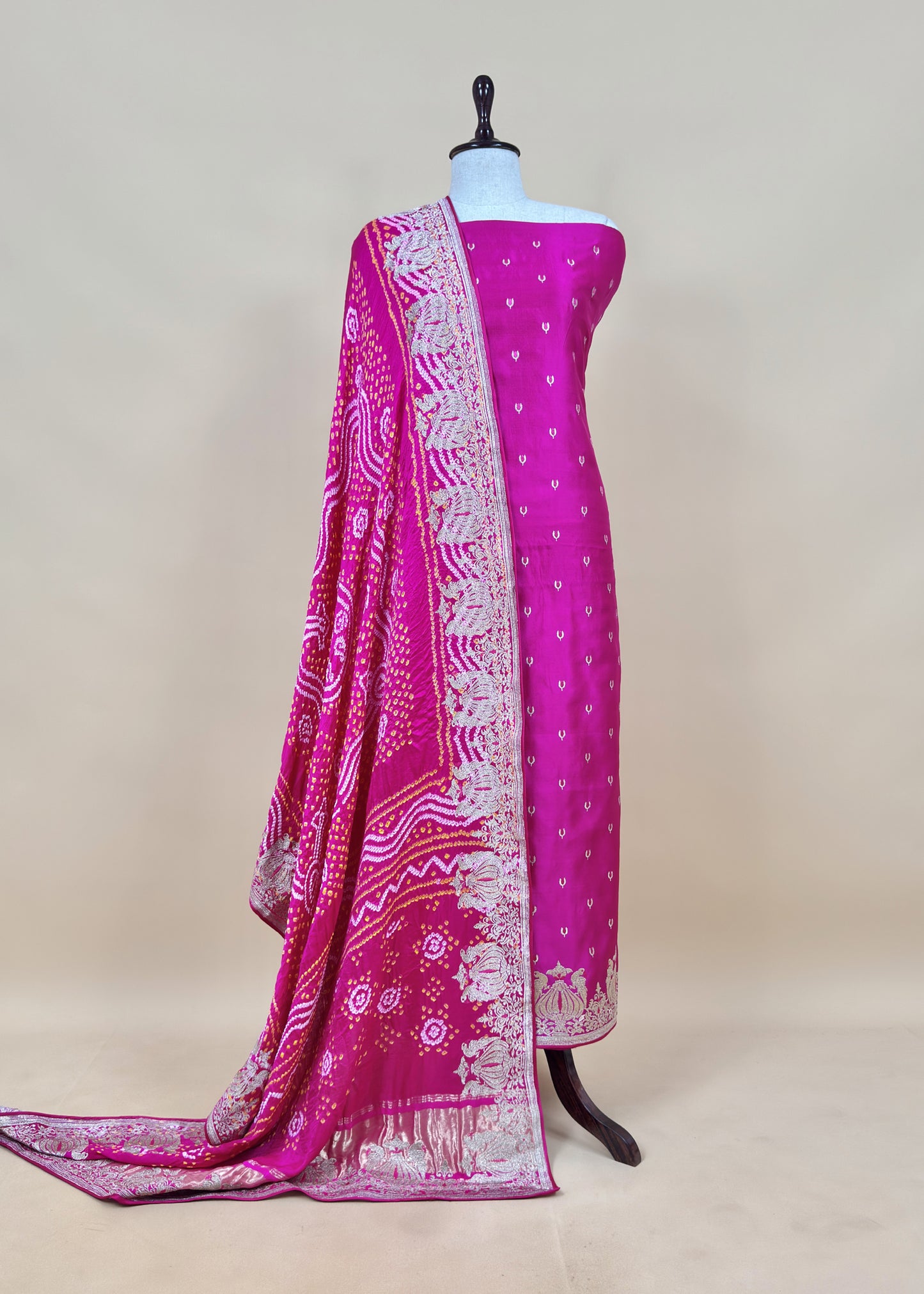 Rani Pink Handloom Silk Suit With Resham Zari Embroidery