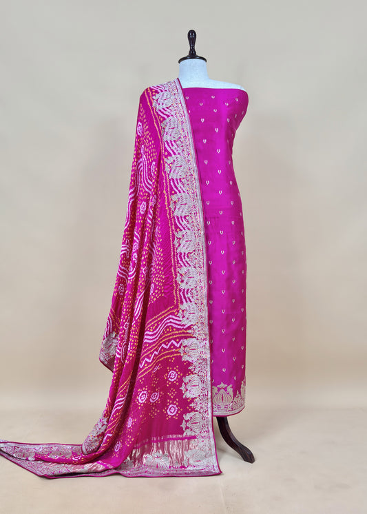 Rani Pink Handloom Silk Suit With Resham Zari Embroidery