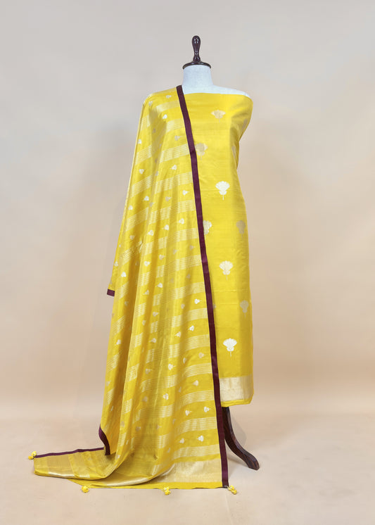 Lime Green Handloom Katan Silk Suit Fabric With Magnolia Flowers Kadwa Weaving